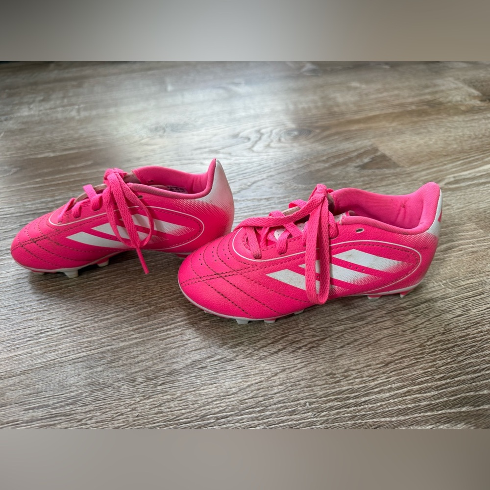 Girls Hot Pink Adidas Soccer Cleats with White Stripes, Size 11K